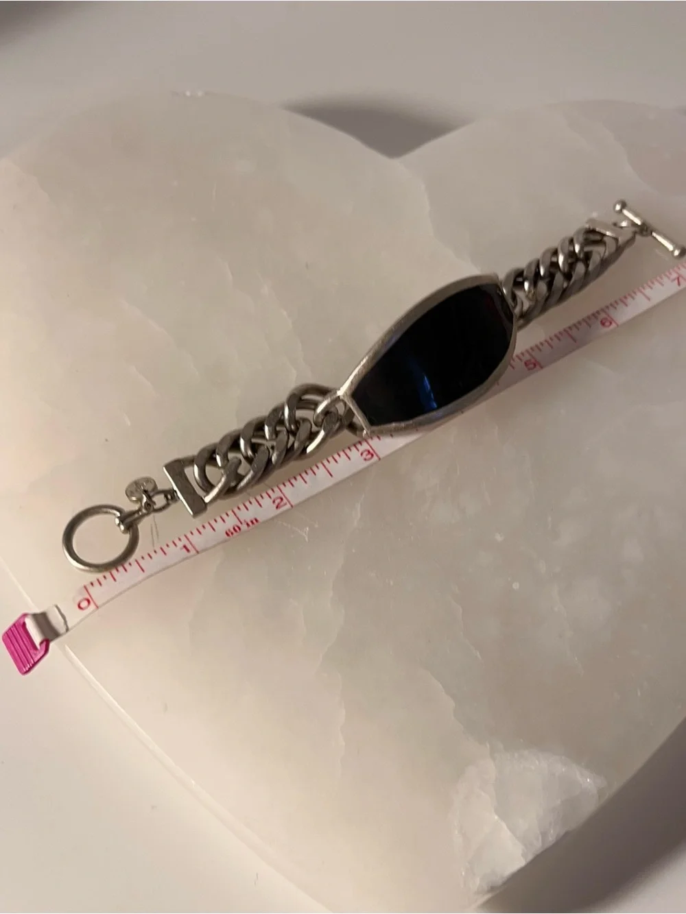 LOFT dark grey silver chunky toggle ID bracelet with Black oval centerpiece